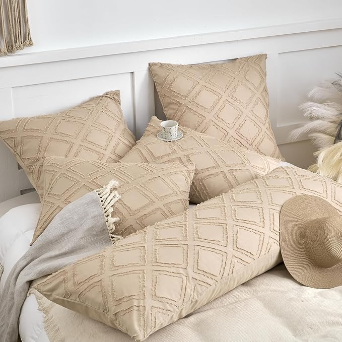 Standard Pillow Shams 2 Pack, Standard Size Pillowcases, Soft Microfiber Geometric Boho Pillow Covers with Envelope Closure, Camel, 20x26 Inches (No Insert)