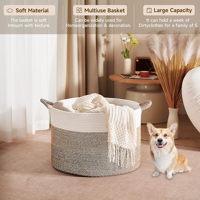 CLHMILY&Z Round Cotton Rope Storage Basket - 22x14.2 Inches - Stylish Nursery Storage Bin, Baby Toy Organizer, Soft Cotton Basket for Home Decor, Multi-Purpose Storage Solution