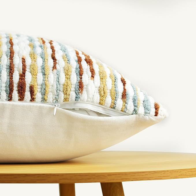 Boho Chenille Striped Pillow Cover 18x18 Inch, Decorative Pillow Cover for Couch Bed Sofa Living Room Bedroom Farmhouse Modern Home Decor Accent Pillowcases Set of 1, Multicolor