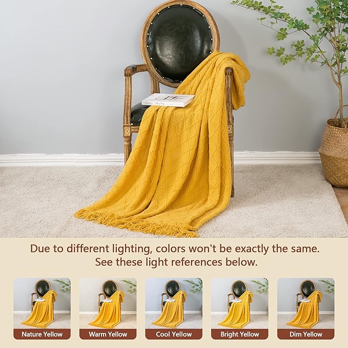 inhand Knitted Fall Throw Blanket for Couch and Bed, Knit Fall Decor Halloween Blanket with Tassel, Mustard Yellow Lightweight Decorative Farmhouse Warm Woven Blankets and Throws for Women, 60"x80"
