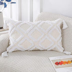 PANOD Super Soft Farmhouse Decorative Plush Throw Pillow Covers 12 x 20 White,Solid Diamond Pattern Tufted with Tassels Modern Accent Boho Lumbar Cushion Cover Pillow Case for Couch Sofa