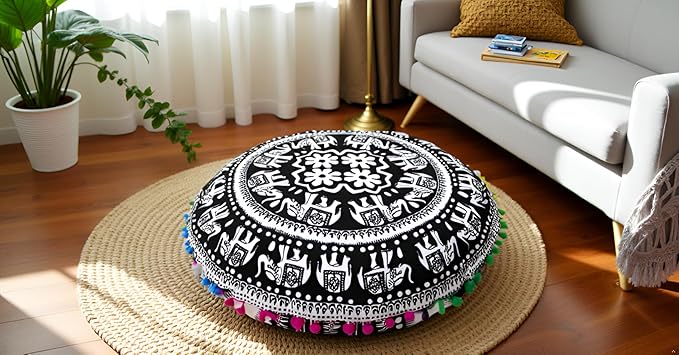 CRAFT KALA Large Round Bohemian Floor Pillow Pouf Cover Mandala Meditation Room Pillow Cover for Adults Boho Seating Poufs Cushion Cover for Kids Playroom 32" Round Black Elephant