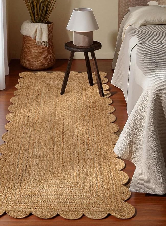 MDS 1 PC Handwoven Braided Jute Area Rug 2ft x 6ft Rectangle Scalloped Edge, 100% Natural Jute Rustic Farmhouse Reversible Accent Rug for Bedroom Living Room Hallway Entryway Office Kitchen (2' x 6')