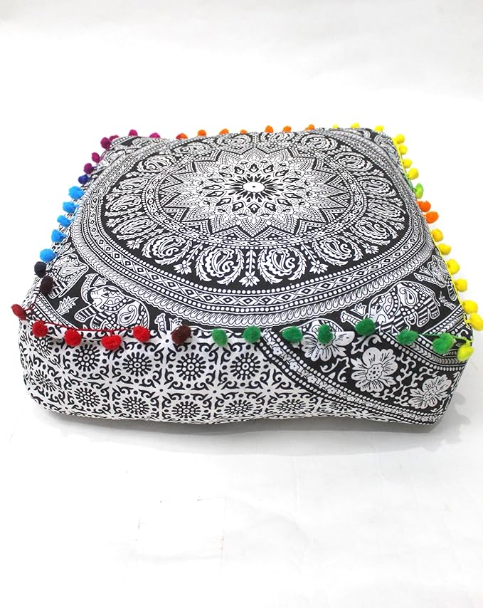 CRAFT KALA Black Elephant Flower Large Hippie Mandala Meditation Floor Ottoman Pillow Cushion Pouf Cover Square Poufs Bohemian Floor Cushion Case Outdoor Fireplace Living Room Decor Cover 16" Square