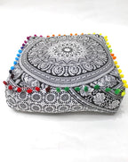 CRAFT KALA Black Elephant Flower Large Hippie Mandala Meditation Floor Ottoman Pillow Cushion Pouf Cover Square Poufs Bohemian Floor Cushion Case Outdoor Fireplace Living Room Decor Cover 16" Square