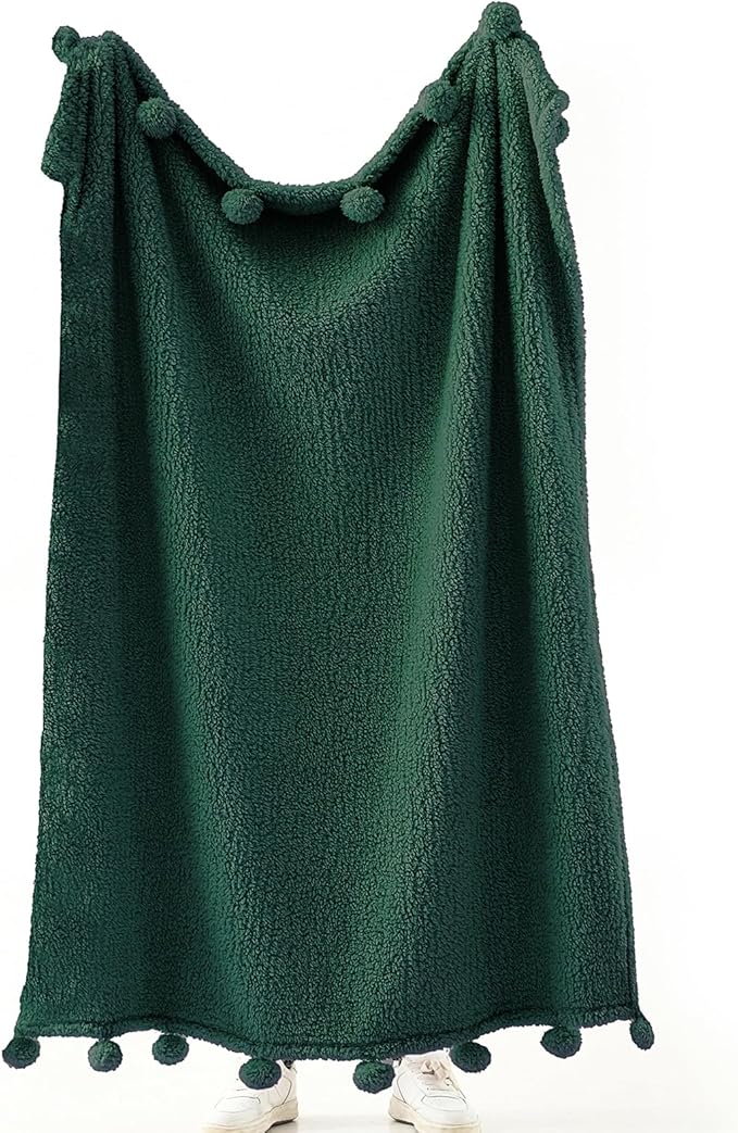 HORIMOTE HOME Ultra Soft Sherpa Throw Blanket with Pompom Fringe, Lightweight Plush Boho Throw Blanket for Couch, Sofa, Bedroom,Travel, Christmas Decor, Warm Blanket for Winter, 50"x60", Green