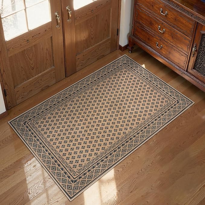 LIVEBOX Easy Jute Indoor Outdoor Rug 3x5 Front Porch, Black Washable Rugs for Entryway, Non Slip Tan Farmhouse Area Rug for Living Room, Carpet Door Mat for Entry Front Door, Patio, Kitchen, Bedroom