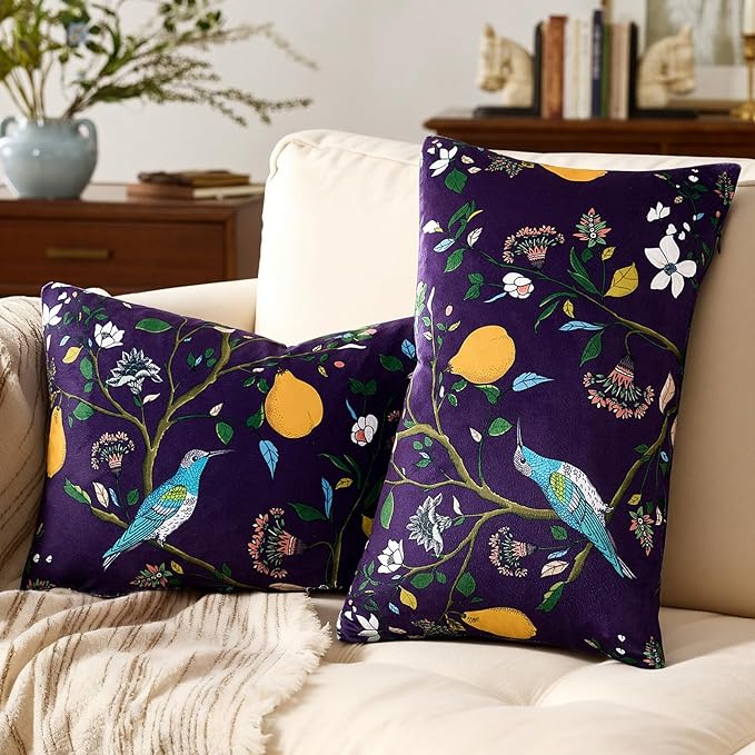 MUSSEL Purple Floral Pillow Covers 12x20 Set of 2, Velvet Wild Flower Plant Throw Pillows Case, Square Farmhouse Decor Cushion Covers for Home Sofa Bed Couch