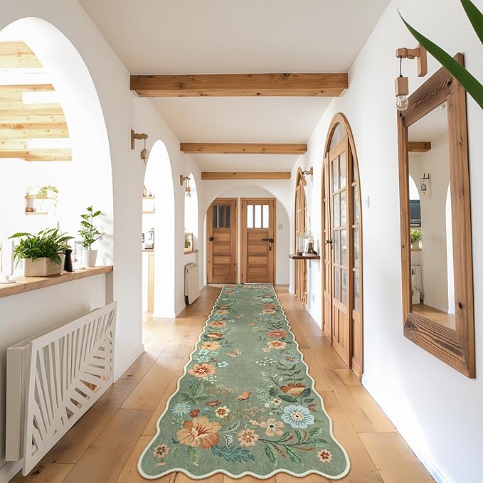 Lahome Floral Hallway Runner Rug Non Slip, 2'6''x10' Washable Runner Rug Soft Ultra-Thin Soft Kitchen Runners for Hallways, Distressed Carpet for Entryway Bathroom Flore (Green)