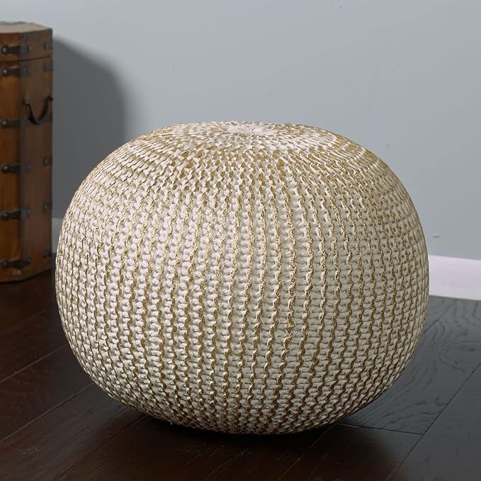 CC Home Furnishings 20" Gold and Ivory Hand Knitted Round Pouf Ottoman
