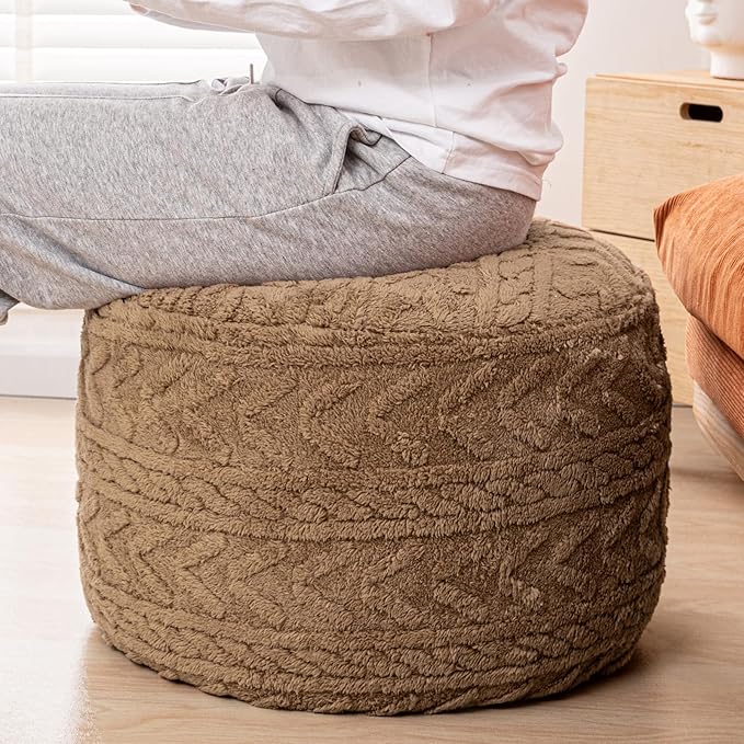 Boucle Pouf Ottoman and Foot Rest 20 x 20 x 14 Inches Floor Pouf Boho Foot Stool Home Decor for Couch Sofa Bean Bag Chairs Light Coffee