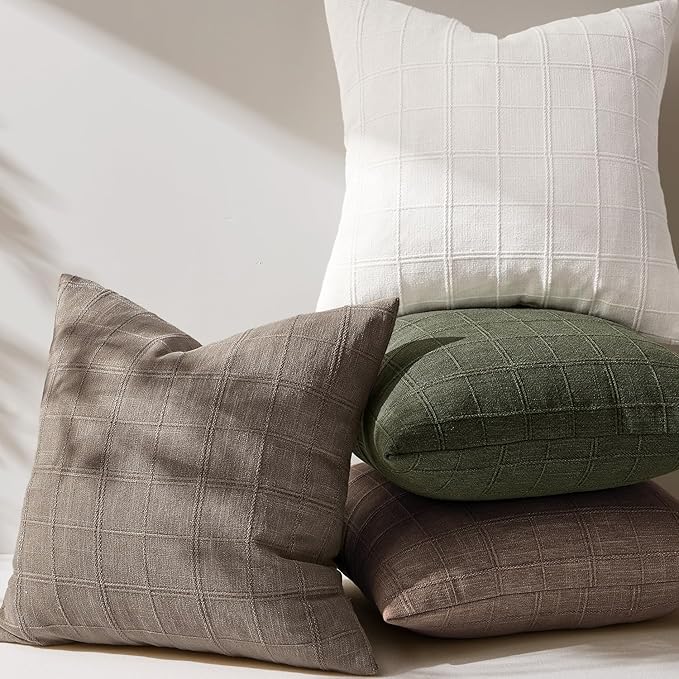 Woaboy Linen Check Throw Pillow Covers Taupe Gray Farmhouse Modern Boho Vintage 22x22 Inch Set of 2 Decorative Cushion Covers for Sofa Couch Bedroom Living Room Home Decor
