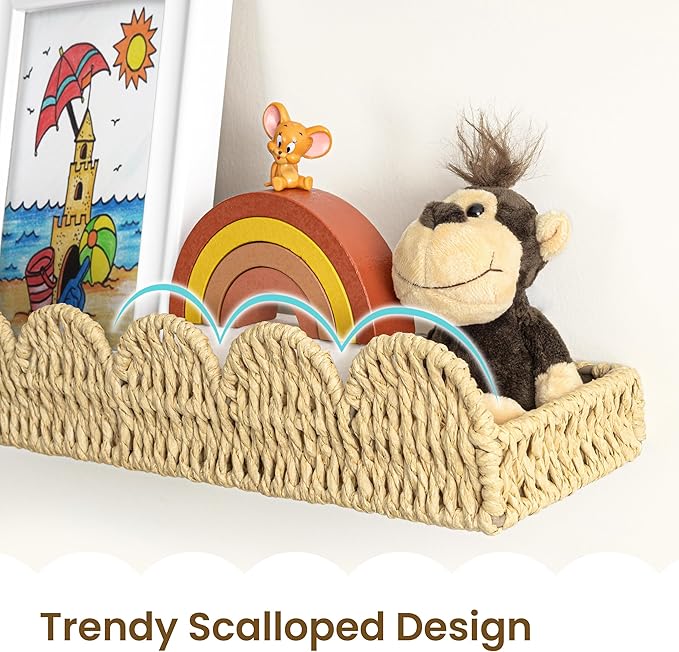 AELS Scalloped Nursery Bookshelf, Set of 4, Picture Ledge Shelf for Wall Decor, Woven Straw Paper Floating Shelves for Books, Toys, Photo Frames, Nursery, Boho Modern Farmhouse Book Shelf, Beige
