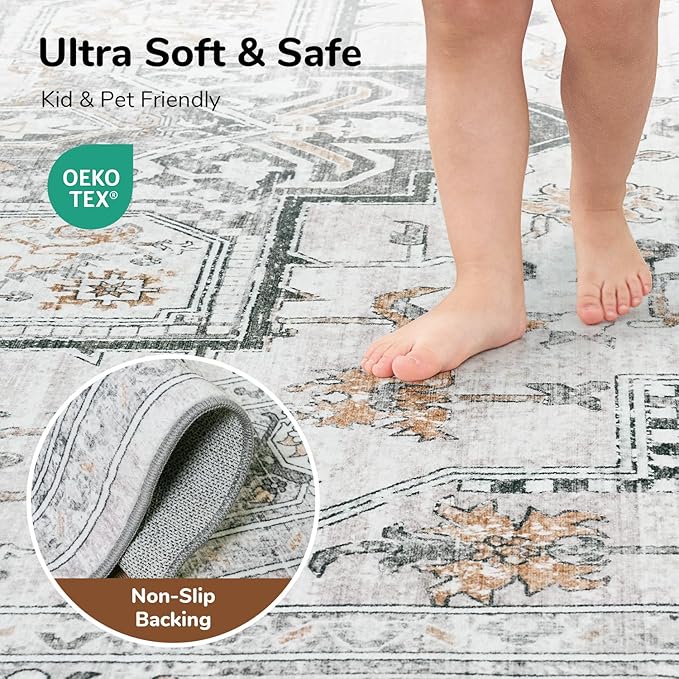 Lessymo 3x5 Washable Area Rugs for Living Room Bedroom Ktichen, Soft Boho Indoor Rug Non Slip, Vintage Carpet Low Pile for Dorm Office Dining Room Kids Room Hallway Entryway Bedside, Grey/Brown