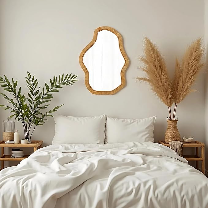 Asymmetrical Mirror 22 X 30 Inch, Hanging Boho Wavy Rattan Mirrors for Wall, Handmade Wicker Irregular Decorative Mirrors for Living Room Hallway Entryway Bedroom Bathroom