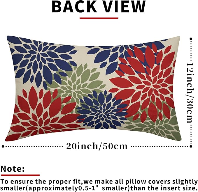 4th of July Pillow Covers 12X20 Inch Set of 2, Patriotic Red Blue Green Dahlia Floral Print Holiday Decorative Rectangle Throw Pillow Covers Outdoor Farmhouse Cushion Case for Couch Sofa Bed Decor