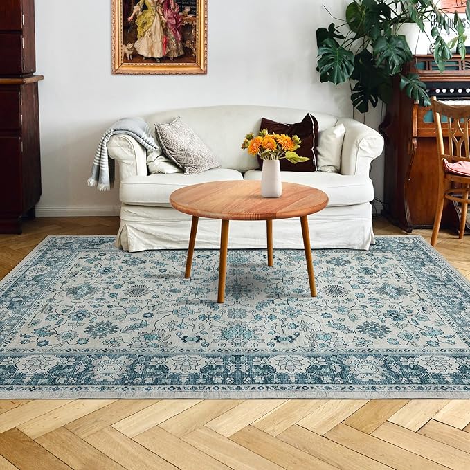 Area Rug 4×6, Vintage Boho Rug,Ultra-Soft Low Pile, Washable, Non Slip,Stain Resistant, Printed Carpet for Living Room Bedrooms Playroom Office Kitchen,Turquise/Cream