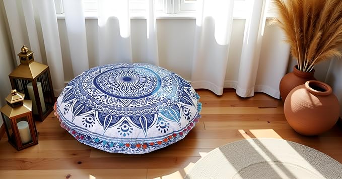 CRAFT KALA 22" Round Mandala Boho Pillow Cover Meditation Room Seating Poufs Cover for Living Room Yoga Room Home Bedroom Balcony Garden Party Decoration Cotton Floor Cushion Cover (Blue Trishul)