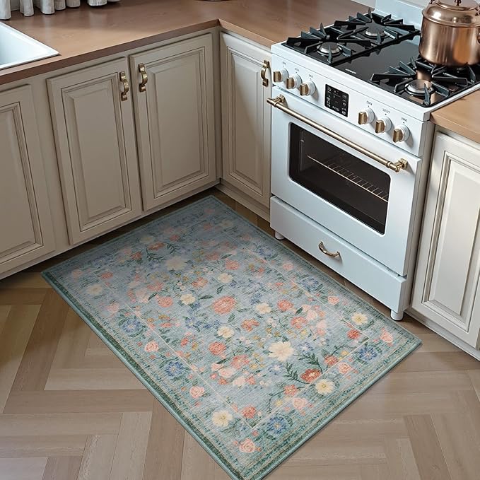 AMOAMI Front Door Mat Indoor Entrance, 2x3 Machine Washable Floral Rugs for Entryway Rug Non Slip Ultra-Thin Soft Boho Small Area Rug Low Pile Throw Rugs for Entrance Kitchen Bathroom, Green