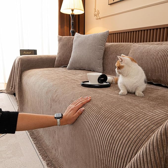 ROOMLIFE Sofa Cover, Boho Couch Cover for 3 Cushion Sofa, Non Slip Chenille Sofa Slipcovers for Dog, Washable Furniture Sofa Protector Cover with Tassel for Living Room, 71''X118”