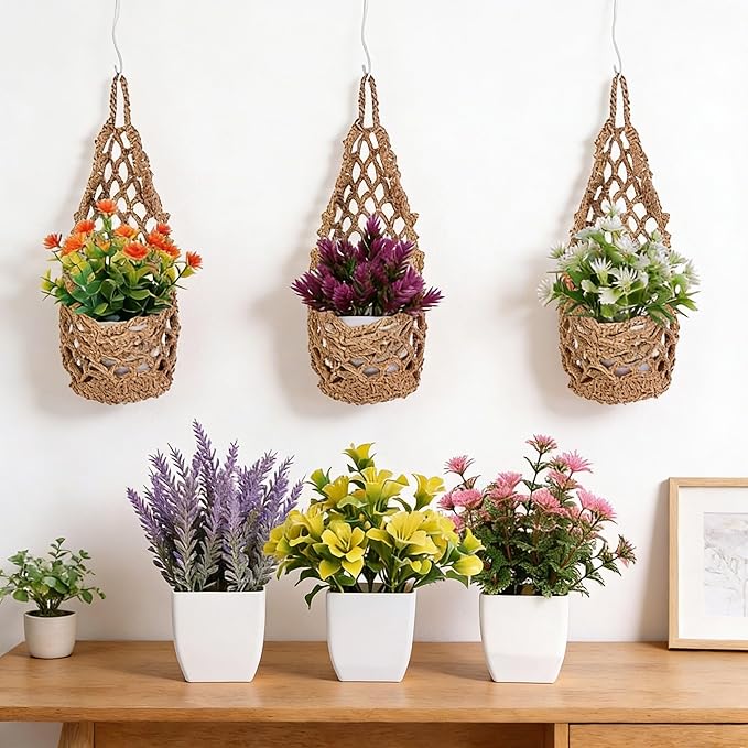 10 Pack Macrame Wall Plant Hanger with Artificial Pot Flower - Boho Wall Hanging Planter for Indoor Plant Cotton Rope Holder with Mini Fake Pot Flower for Home Wedding Decor Gift(Jute)