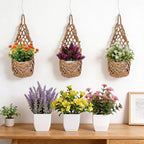 10 Pack Macrame Wall Plant Hanger with Artificial Pot Flower - Boho Wall Hanging Planter for Indoor Plant Cotton Rope Holder with Mini Fake Pot Flower for Home Wedding Decor Gift(Jute)