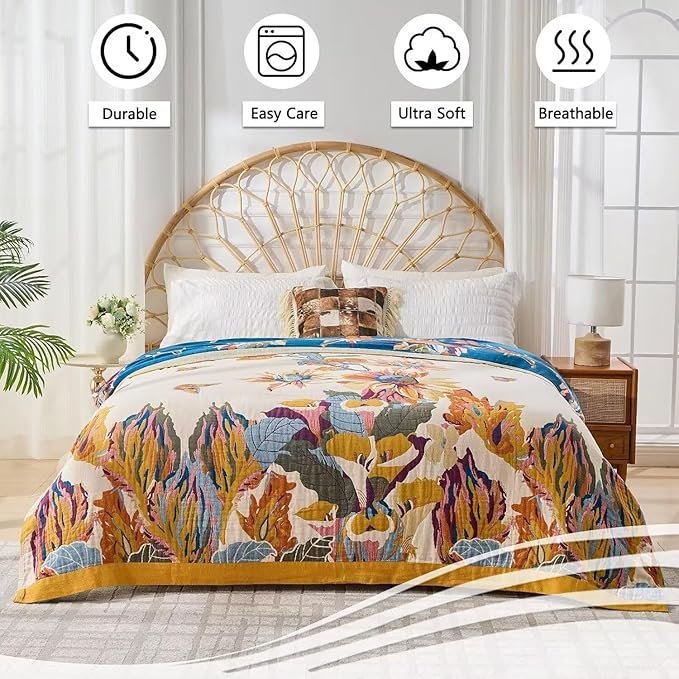 Boho Throw Blanket Farmhouse Decor Throw Blanket Bohemian Blanket for Bed 100% Cotton Muslin Woven Couch Blanket All Seasons Quilt Bedroom (Yellow, 80"x90")