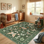 Mushroom 6x9 Area Rugs for Living Room Low-Pile Whimsical Cottage Core Insect Bug Butterfly Funky Dark Gothic Decor for Bedroom Nursery Dining Room Olive Green