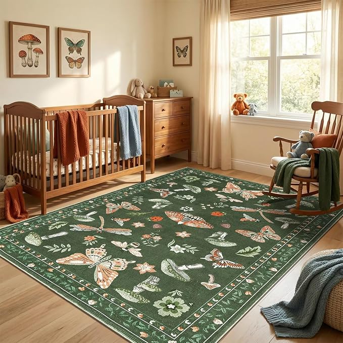 Mushroom 6x9 Area Rugs for Living Room Low-Pile Whimsical Cottage Core Insect Bug Butterfly Funky Dark Gothic Decor for Bedroom Nursery Dining Room Olive Green