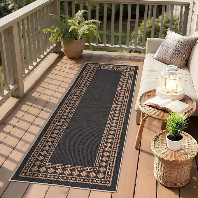 GarveeHome Jute Runner Rug 2x6 Washable Easy Jute Rug Non-Slip, Modern Bordered Indoor Outdoor Floor Mats, Easy Cleaning Geometric Neutarl Rugs for Kitchen Bedroom Balcony Entryway Porch, Black Brown