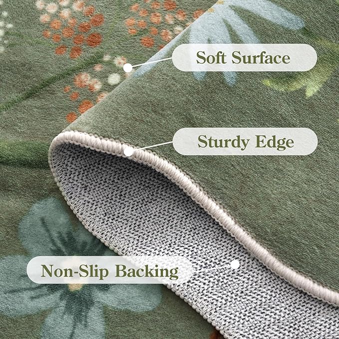 Lahome Floral Washable Runner Rug, 2'6''x8' Soft Hallway Runner Rug Non Slip, Boho Ultra-Thin Kitchen Runners for Hallways with Rubber Backing Carpet for Laundry Bedroom Flore (Green)