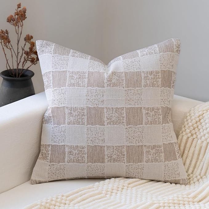 Decorative Neutral Throw Pillow Covers 20x20 Farmhouse Pillow Covers Cotton Check Cushion Covers Home Decor for Sofa Couch Living Room Bedroom 1PC, Taupe Check