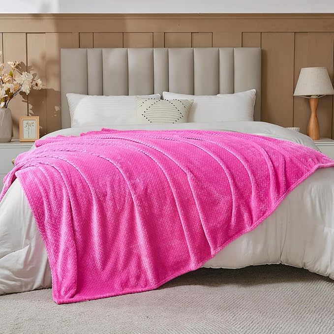 NEWCOSPLAY Super Soft Twin Blanket Hot Pink Premium Silky Flannel Fleece Leaves Pattern Lightweight Bed Blanket All Season Use (Hot Pink, Twin(60"x80"))