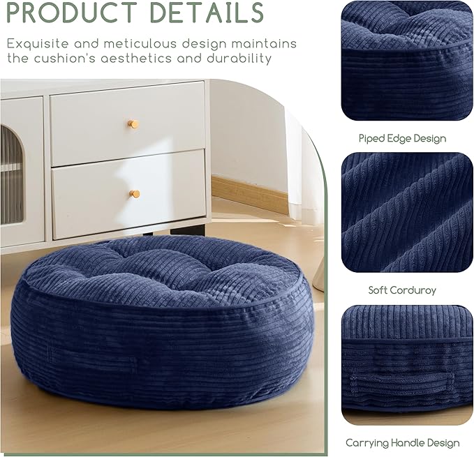 HIGOGOGO 8" Extra Thick Floor Pillow Cushion for Adults, Meditation Cushion Pillow, Large Round Floor Sitting, Tufted Corduroy Cover, for Tatami Living Room or Yoga, 22x22 Inch, 2Pack, Navy