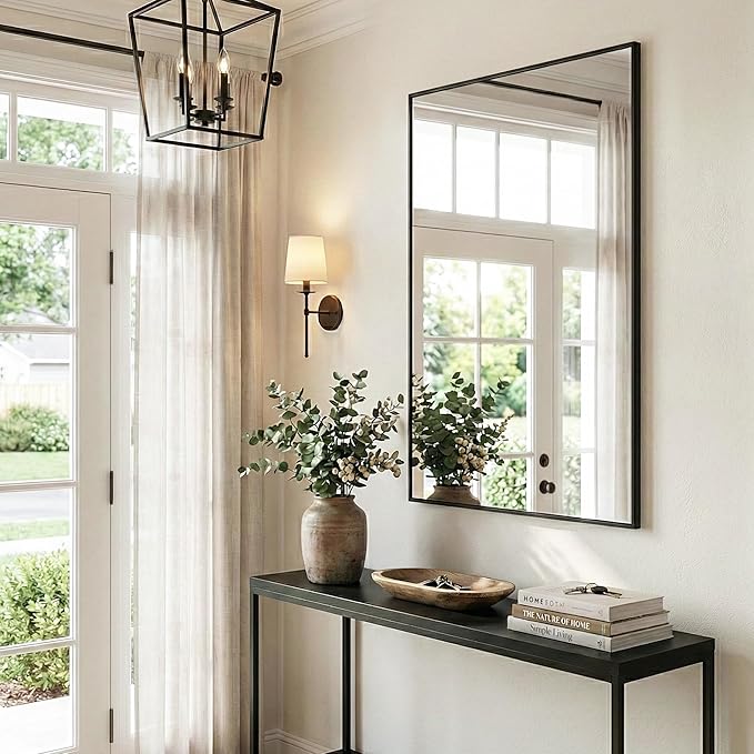 24''x36'' Matte Black Bathroom Mirror, Metal Framed Vanity Mirror for Wall Over Sink, Modern Farmhouse Rectangular Decor, Flush Mount, Vertical/Horizontal