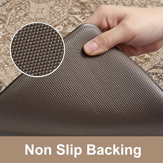 KIMODE Anti Fatigue Kitchen Mat, Cushioned Boho Kitchen Runner, Non Slip Memory Foam Kitchen Mat for Floor, Waterproof Standing Desk Mat for Laundry, Office, Sink Brown 17.3"x59"