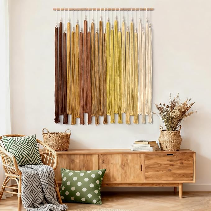 KHOYIME Macrame Wall Hanging Large Boho Home Decor Aesthetic, Bohemian Yellow Tassels Tapestry Modern Handmade Artwork Chic Wall Art Decorations for Dining Living Room Bedroom Nursery Office 38.5"x43"