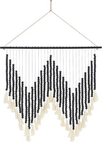 Deco 79 Wood Macrame Home Wall Decor Beaded Wall Sculpture with Fringe Tassels, Wall Art 26" x 1" x 35", Black
