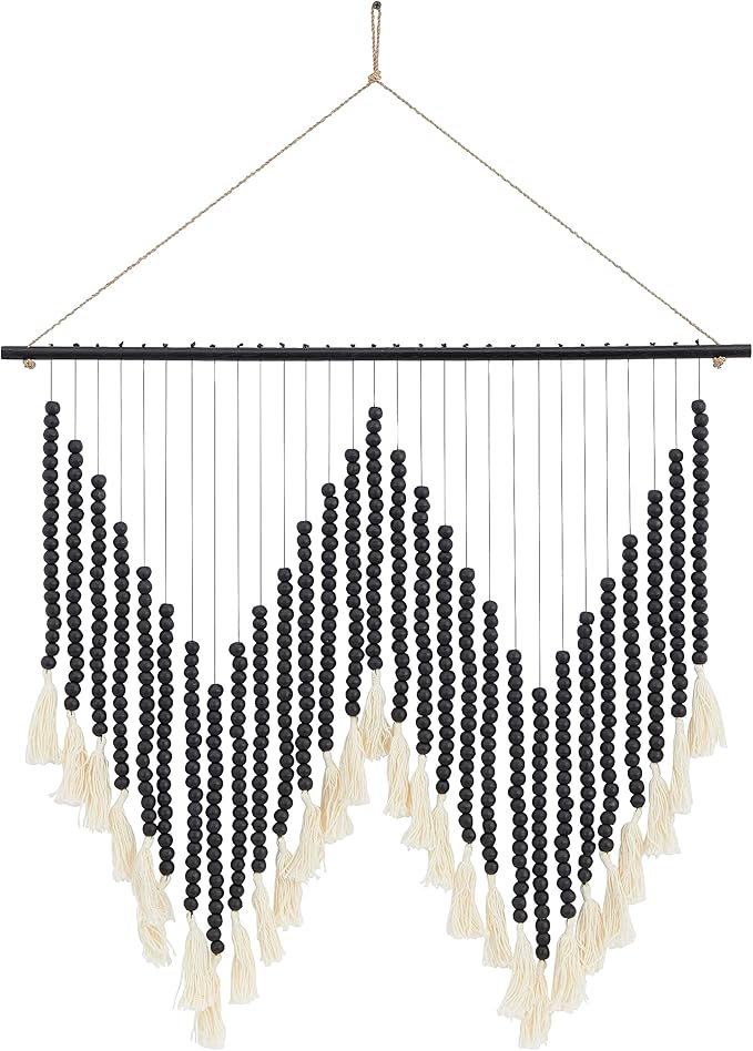 Deco 79 Wood Macrame Home Wall Decor Beaded Wall Sculpture with Fringe Tassels, Wall Art 26" x 1" x 35", Black