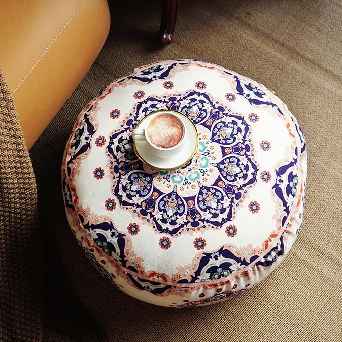 Unstuffed Pouf Cover Ottoman Footrest Bohemian Chenille Foot Stool Floor Bean Bag 20x8 Inches for Living Room Bedroom Home Decor (Blue, Round)