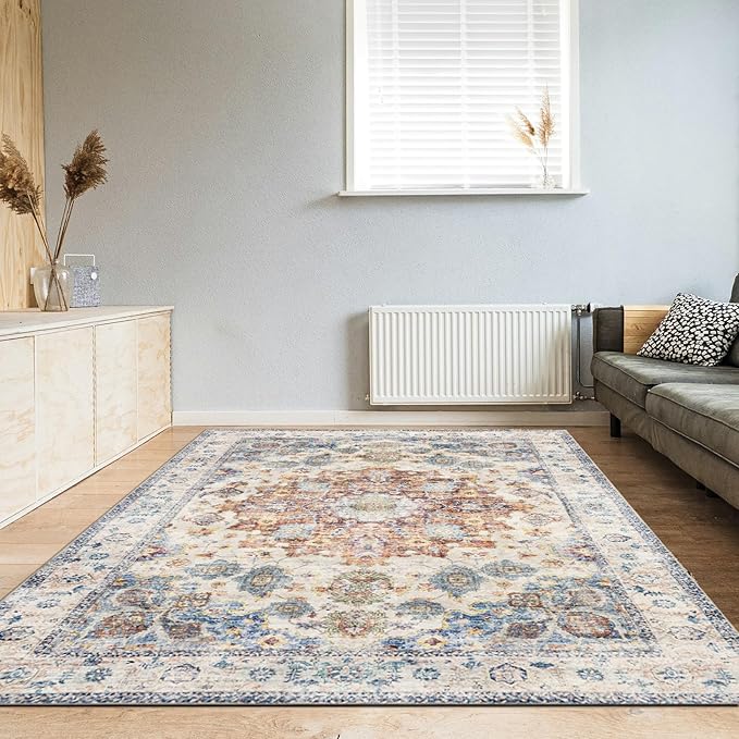 Area Rug 6×9, Large Vintage Boho Rug,Ultra-Soft Low Pile, Washable, Non Slip,Stain Resistant, Printed Carpet for Living Room Bedrooms Playroom Office Kitchen, Blue/Red