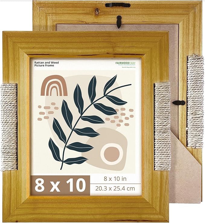 Boho Picture Frame for 8x10 Inch Photo or Artwork | 11x13 Outer Edge | Boho, Coastal, or Modern Photo Frame, Wooden Decorative Frame with Tabletop Stand and Wall Mount | Golden Brown