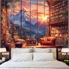 Accnicc Forest Mountain Library Tapestry Fantasy Bookshelf Tapestries Wall Hanging Watercolor Nature Fairy Sunset Library Backdrop Large Tapestry for Bedroom Living Room Dorm Classroom 80 x 60 inch