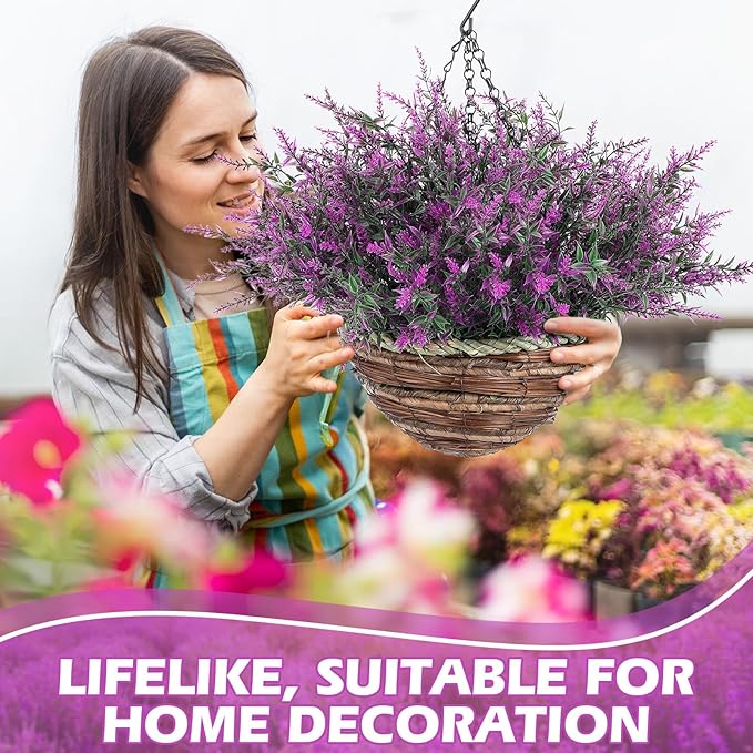 2 Sets Artificial Lavender Flowers with Hanging Basket for Outdoor Indoor Artificial Faux Hanging Flowers Plants Rattan Lining for Porch Garden Yard Spring Summer Decor(Red Lotus)