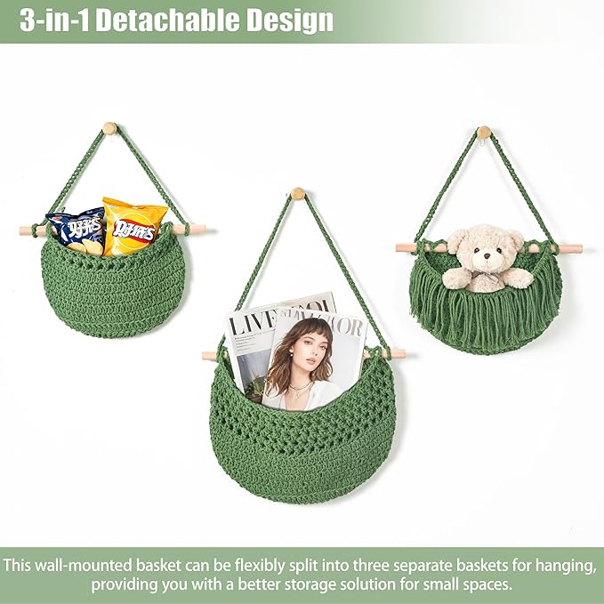 Halidali 3 Tier Hanging Fruit Baskets for Kitchen, Boho Cotton Rope Handwoven Vegetable Hammock Produce Storage Wall Mounted Large Organizing Basket for Farmhouse Decor, Onion, Potato (Green)