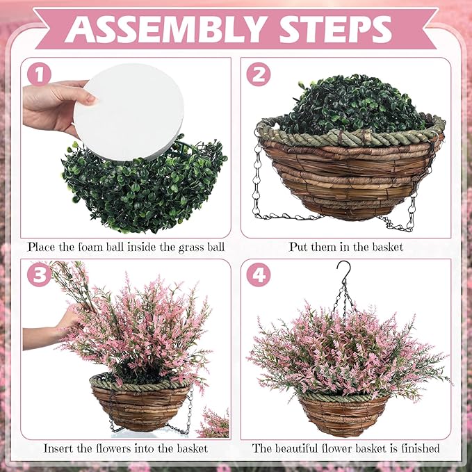 2 Sets Artificial Lavender Flowers with Hanging Basket for Outdoor Indoor Artificial Faux Hanging Flowers Plants Rattan Lining for Porch Garden Yard Spring Summer Decor(Pink)