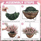 2 Sets Artificial Lavender Flowers with Hanging Basket for Outdoor Indoor Artificial Faux Hanging Flowers Plants Rattan Lining for Porch Garden Yard Spring Summer Decor(Pink)