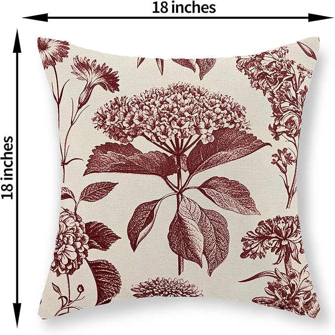 Burgundy Red Pillow Covers 18x18 Set of 2 Vintage Boho Floral Hydrangea Herbs Botanical Throw Pillows Outdoor Flower Decoration Pillowcase Linen Farmhouse Cushion Case Decor for Couch Sofa