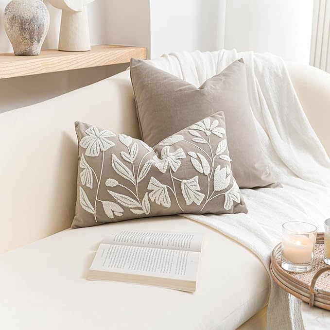 BlissBlush 12x20 Lumbar Pillow Cover, Rectangular Taupe Decorative Throw Pillowcase for Couch Sofa, Embroidered Velvet Farmhouse Accent Cushion (Cover Only)