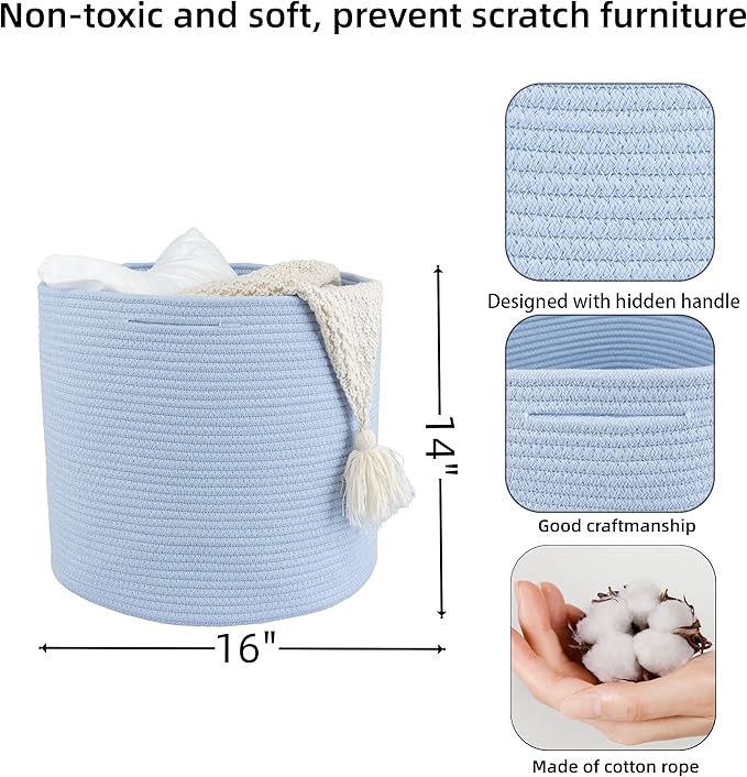 Cotton Rope Basket For Girls Boys Kids 16”X14” Baby Laundry Baskets Nursery Bin Round Woven Basket For Storage Toys Blankets Shoes Clothes blue